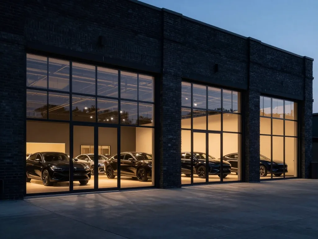 The 218 Evans Avenue showroom in the evening, cars lit behind its steel-framed windows