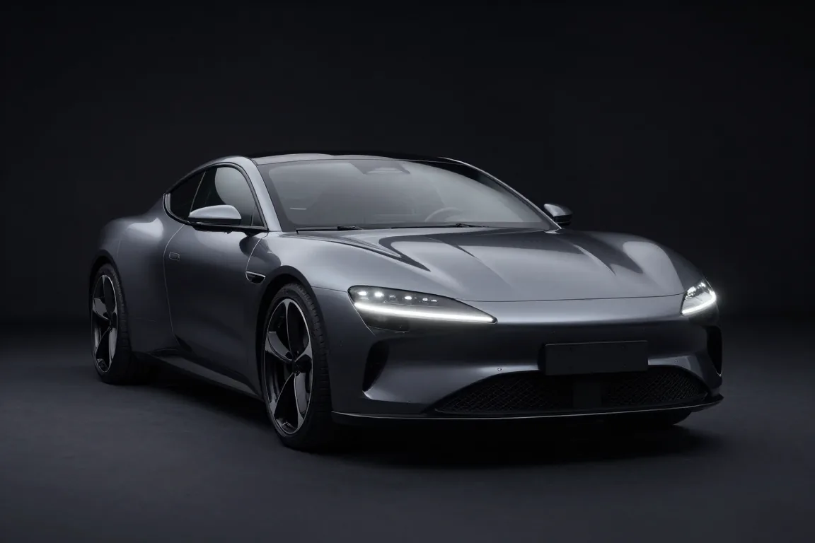 Front three-quarter view of the dark grey sports coupe in a dark studio