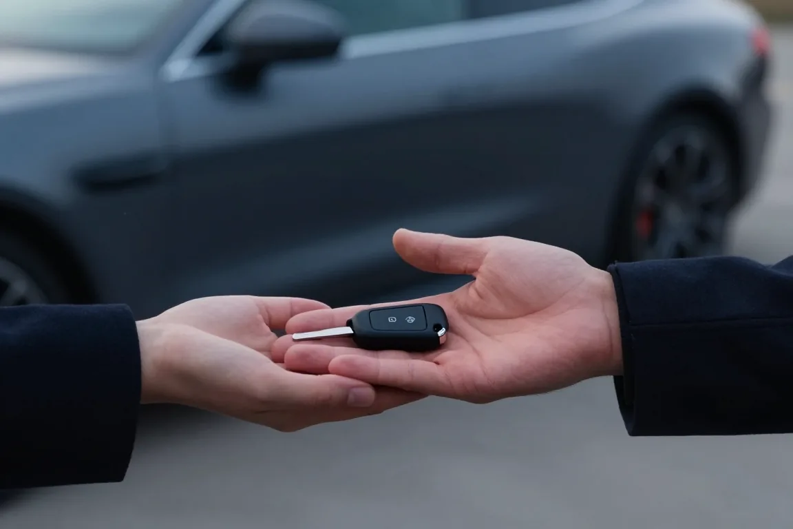 Car keys passed from hand to hand beside the coupe on the lot